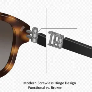 Innovative modern screwless sunglasses hinge design using advanced interlocking parts.