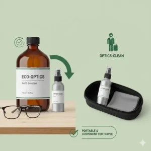 A lifestyle setup showing a portable spray bottle filled from a glasses cleaner spray refill on a desk.