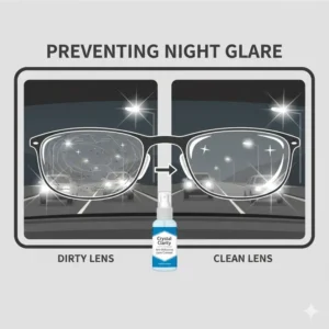 Visual representation of how removing oils with an anti reflective eyeglass cleaner reduces night-time glare.