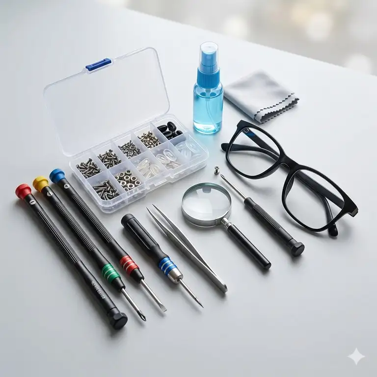 A professional and complete best eyeglass repair kit arranged neatly on a white background.