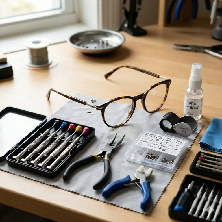 A comprehensive collection of professional tools for glasses repairs, including screwdrivers, pliers, and nose pads.