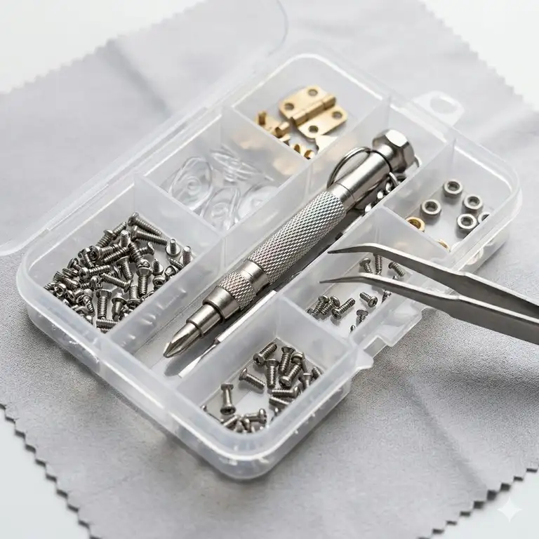 A professional glasses screw repair kit organized in a plastic case with a precision screwdriver.