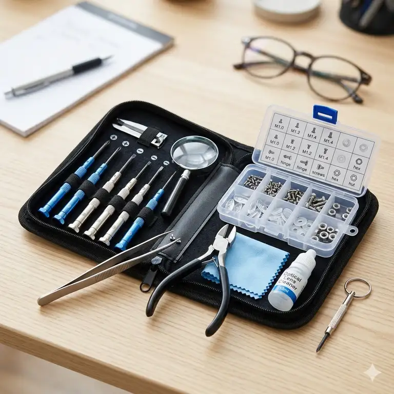 A complete professional repair kit with various tools to fix glasses on a wooden desk.