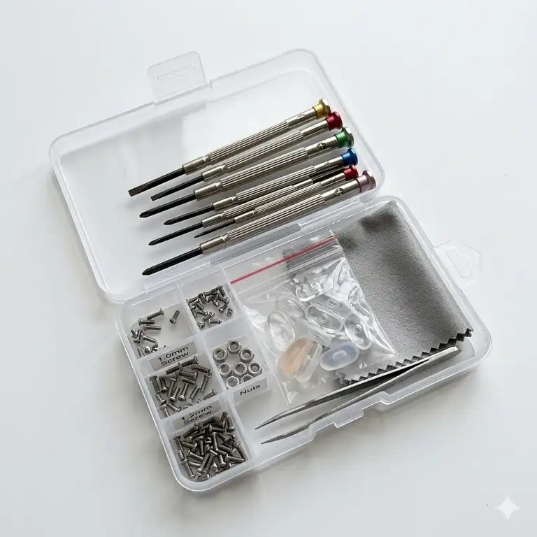 Comprehensive reading glasses repair kit featuring precision screwdrivers, assorted screws, and replacement nose pads in a storage case.