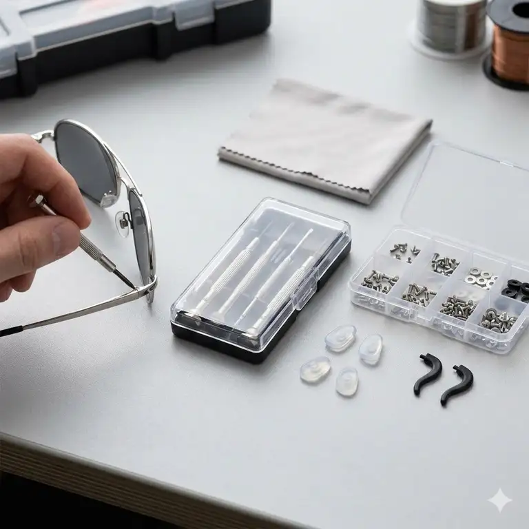 A professional workspace featuring a premium sunglasses fix kit with various tools and screws.