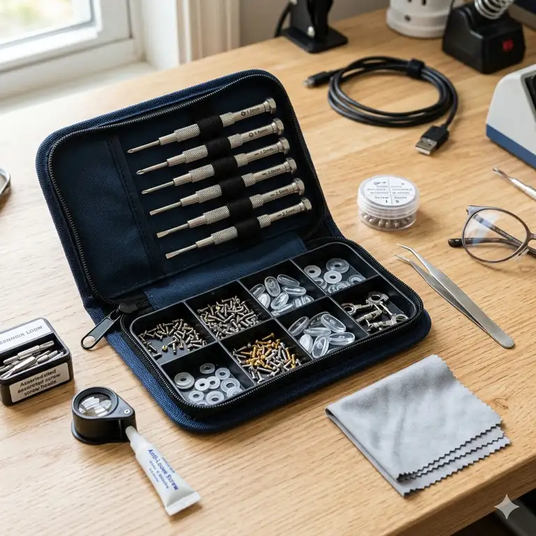1: A professional and comprehensive glasses repair tools kit including screwdrivers, nose pads, and screws on a workshop desk.