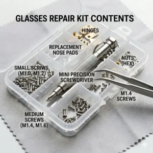 Top-down view showing all the small parts included in a glasses screw repair kit.