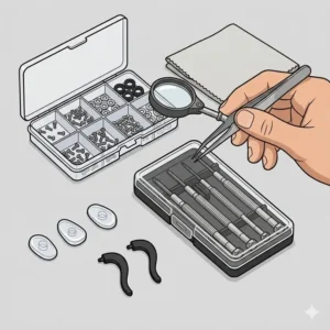 A detailed top-down view showing all essential components inside a sunglasses fix kit.