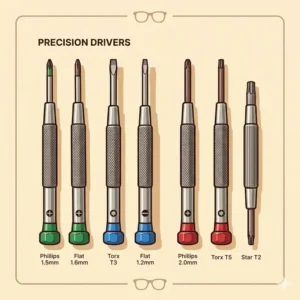 Detailed illustration of various micro-sized screwdrivers included in a specialized eyeglass tool kit.