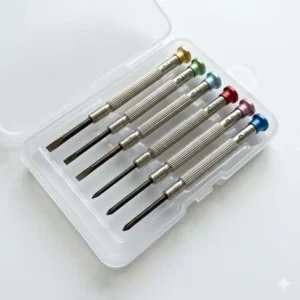 Multi-functional precision screwdriver set from a reading glasses repair kit designed for tightening tiny screws.