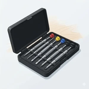An illustration of an optical precision screwdriver set, which are essential tools for glasses repairs.