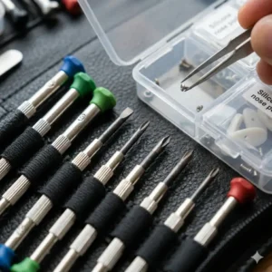 Close-up of various sized Phillips and flat-head screwdrivers from a spectacle tool kit.