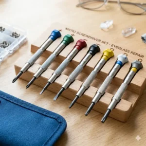 A set of micro precision screwdrivers as essential eyeglass repair tools for tightening tiny frame screws.