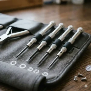 Close-up of high-quality precision screwdrivers from a professional spectacle repair tools collection.