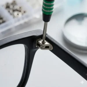 Using a precision screwdriver from the best eyeglass repair kit to tighten a loose frame hinge.