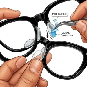 Simple peel and stick application of silicone nosepads for plastic frames.