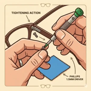 Close-up illustration showing a hand using a mini screwdriver from an eyeglass tool kit to tighten a hinge screw.