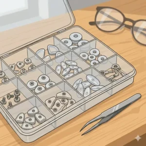 3: A focused illustration on nose pads replacement using specific glasses repair tools like tweezers and soft pads.
