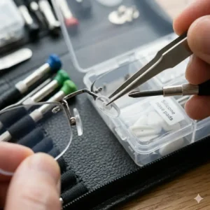 An illustration showing the use of a spectacle tool kit to replace silicone nose pads on wire-frame glasses.