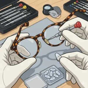 Demonstrating how to replace old nose pads using specific tools for glasses repairs for comfort.