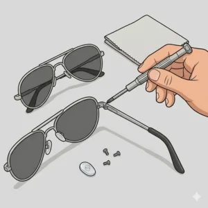 A hand using a precision screwdriver from a sunglasses fix kit to tighten a frame hinge.