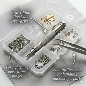 Close-up of the specialized precision tools found inside a glasses screw repair kit.