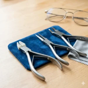 Specialized stainless steel optical pliers used as eyeglass repair tools for professional frame alignment.