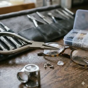 Specialized optical pliers used as essential spectacle repair tools for frame and nose pad adjustments.