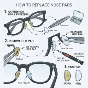 A step by step illustration of replacing nose pads using the best eyeglass repair kit.