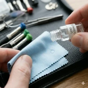 A microfiber cleaning cloth and lens solution included in a premium spectacle tool kit.