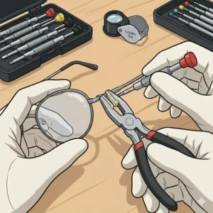 Specialized pliers adjusting a metal frame, showing how these tools for glasses repairs work.