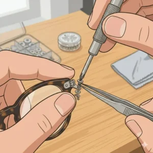 4: Close-up of inserting a tiny hinge screw using precision glasses repair tools to fix loose eyewear arms.