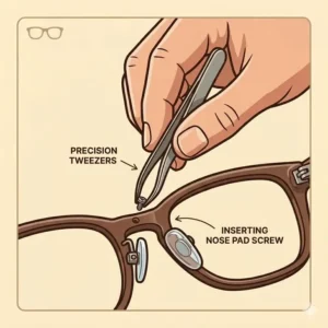 View of silicone nose pads and precision tweezers found in a standard eyeglass tool kit.
