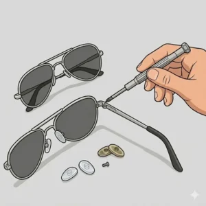 Demonstration of how to replace nose pads using parts provided in a sunglasses fix kit.