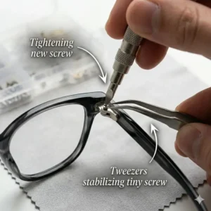 Tightening a loose frame hinge using a screwdriver from a glasses screw repair kit.