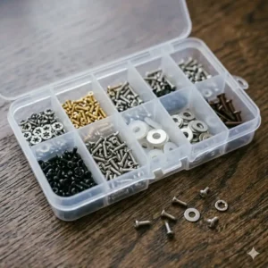 A plastic organizer box filled with tiny screws and washers for use with spectacle repair tools.
