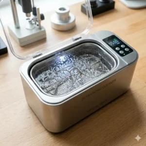 An ultrasonic cleaner used alongside eyeglass repair tools to remove debris from intricate frame hinges.