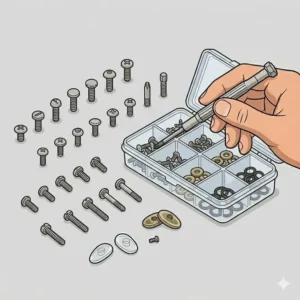 Close-up of various sized replacement screws and washers included in a universal sunglasses fix kit.