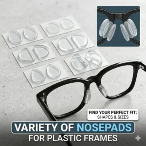 A variety of shapes and sizes of replacement nosepads for plastic frames.