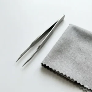 Fine-tip tweezers and a microfiber cleaning cloth for handling small parts in a reading glasses repair kit.