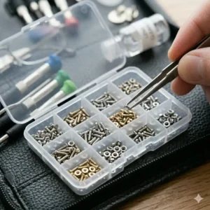 A variety of tiny replacement screws and nuts organized by size within a spectacle tool kit.