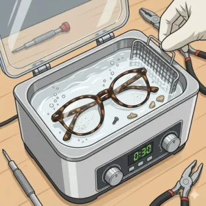 An ultrasonic cleaner showing how detailed tools for glasses repairs remove dirt and grime.