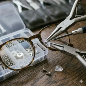 Detailed view of silicone nose pads being replaced using specialized spectacle repair tools.