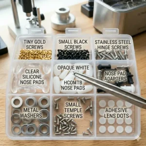 An assortment of tiny replacement screws and silicone nose pads included in a home eyeglass repair tools set.