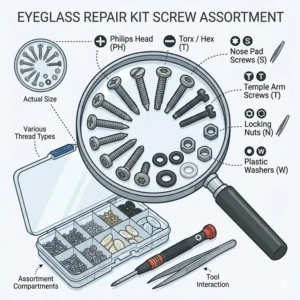 A close up view of the various micro screws found inside the best eyeglass repair kit.