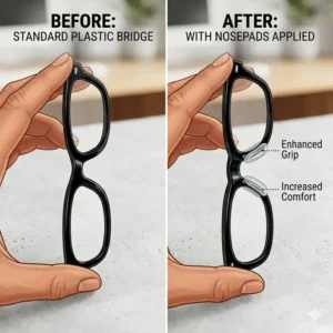 Comparison of eyewear fit before and after adding nosepads for plastic frames.