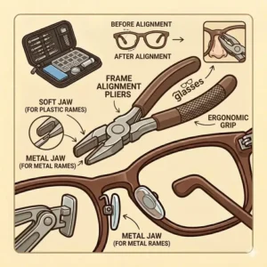 Illustration of specialized pliers from an eyeglass tool kit being used to gently adjust metal frames.