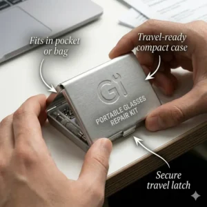 A compact and travel-friendly glasses screw repair kit held in a hand.