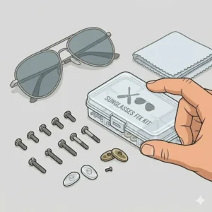 A compact and organized storage case showing the portability of a sunglasses fix kit.