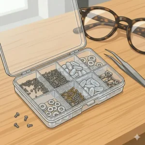 6: An organizer tray with various tiny screw sizes, an important accessory for glasses repair tools kits.